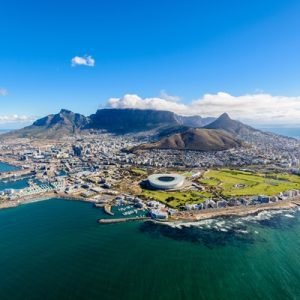 Aerial view of Cape Town, South Africa on a sunny afternoon. Photo taken from a helicopter during air tour of Cape Town