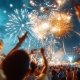 Spectacular fireworks lighting up the night sky at a New Year�s Eve celebration, with a crowd of people watching in awe