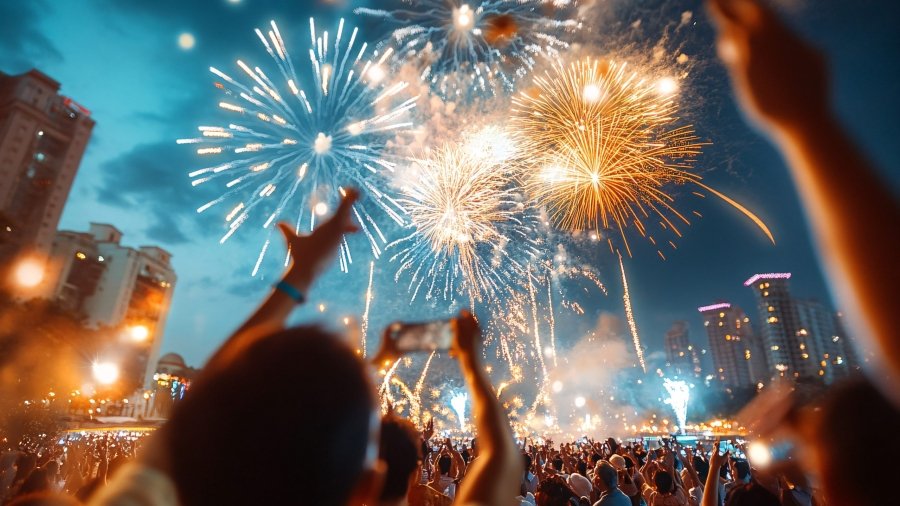 Spectacular fireworks lighting up the night sky at a New Year�s Eve celebration, with a crowd of people watching in awe