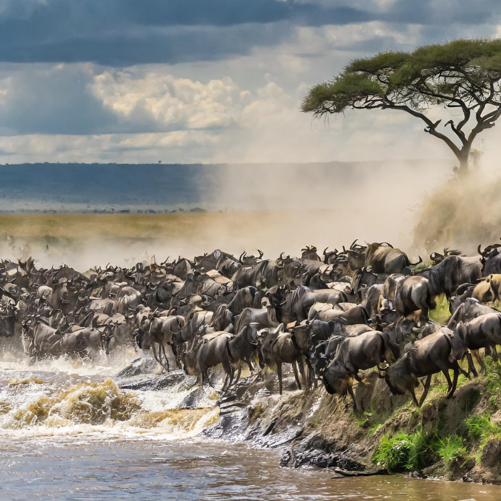 Gnus, na Grande Migração do Serengeti, na Tanzânia