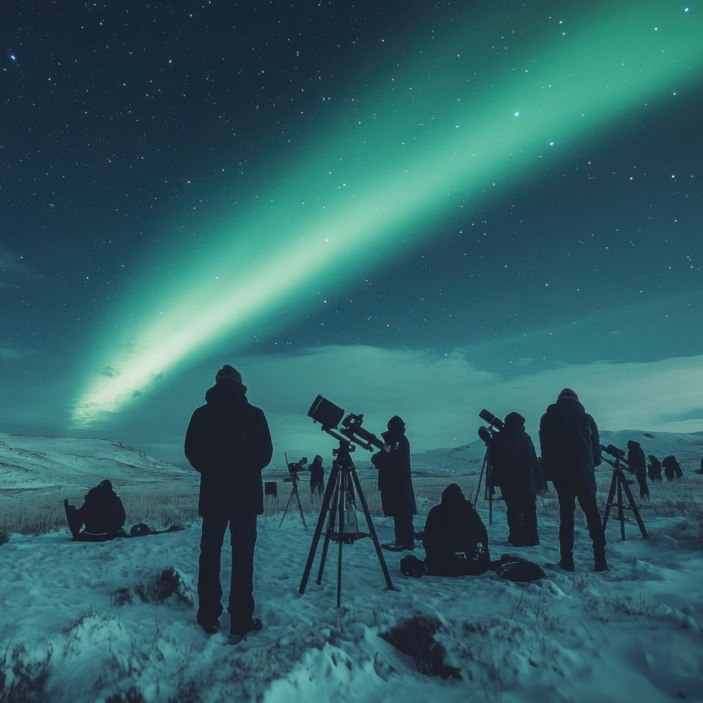 Fotógrafos, tirando foto da Aurora Boreal.